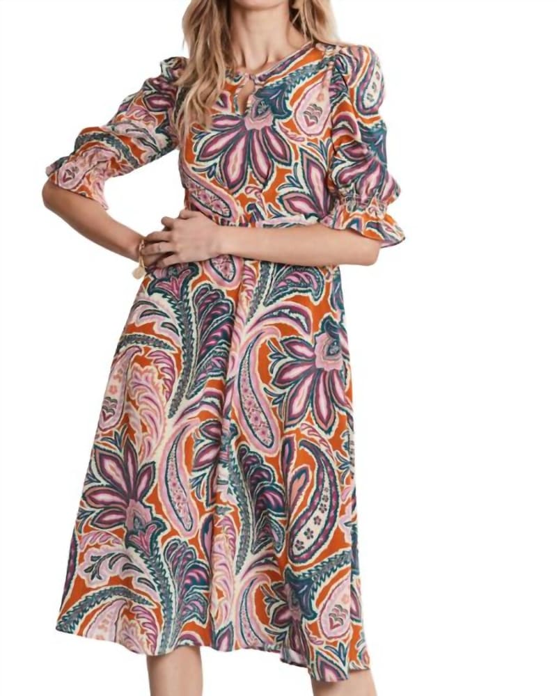 Front of a model wearing a size L Juliette Silk Paisley Midi Dress In Multi in Multi by Tyler Boe. | dia_product_style_image_id:346854